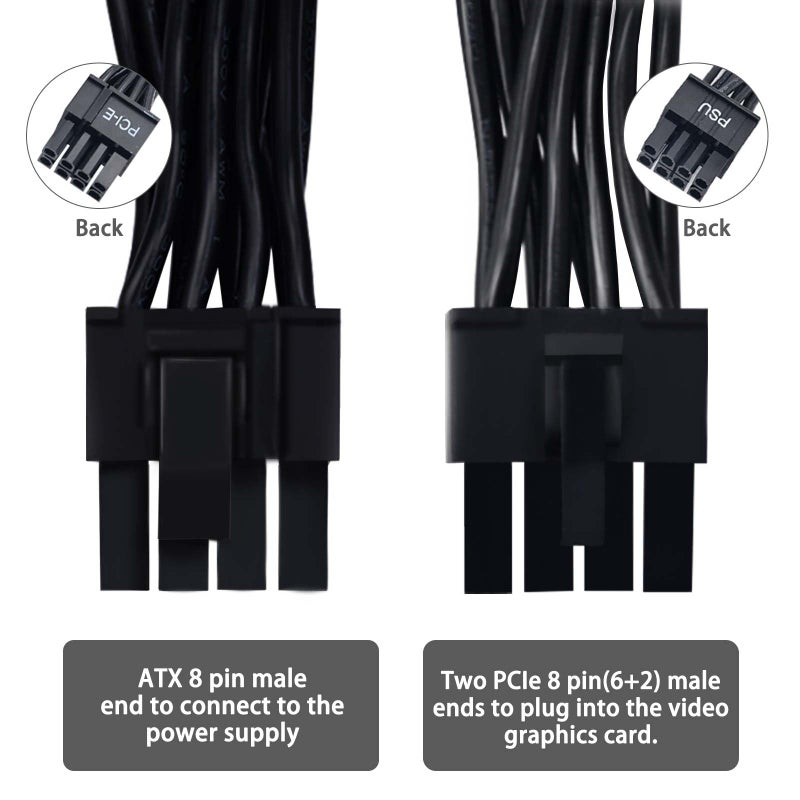 COMeap PCIe Cable for Corsair, ATX CPU 8 Pin Male to Dual PCIe 8 Pin (6+2) Male Power Cable for Corsair Thermaltake ARESGAME Power Supply 25-inch(63cm) - Image 2